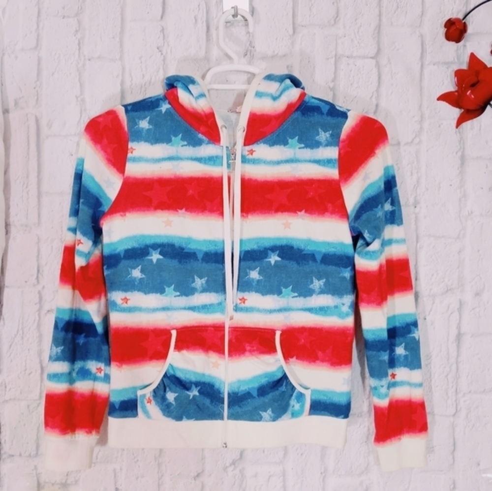 Juicy Couture Stripes Star Print Zip Up Hoodie Sweatshirt